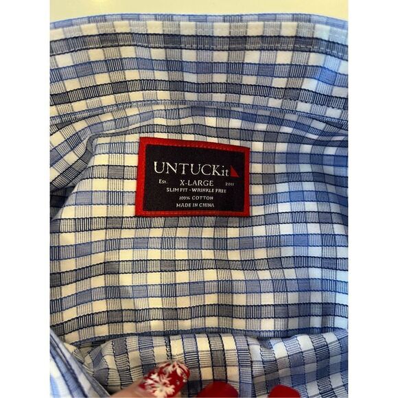 UNTUCKit Men’s Winkle Free Plaid Button Down Shirt Blue White Black - Picture 6 of 8